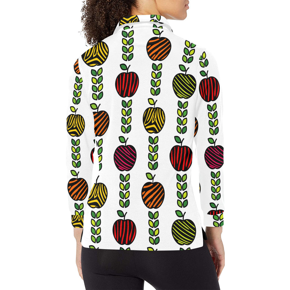 colorful apples leave zebra stripe Women's Long Sleeve Polo Shirt