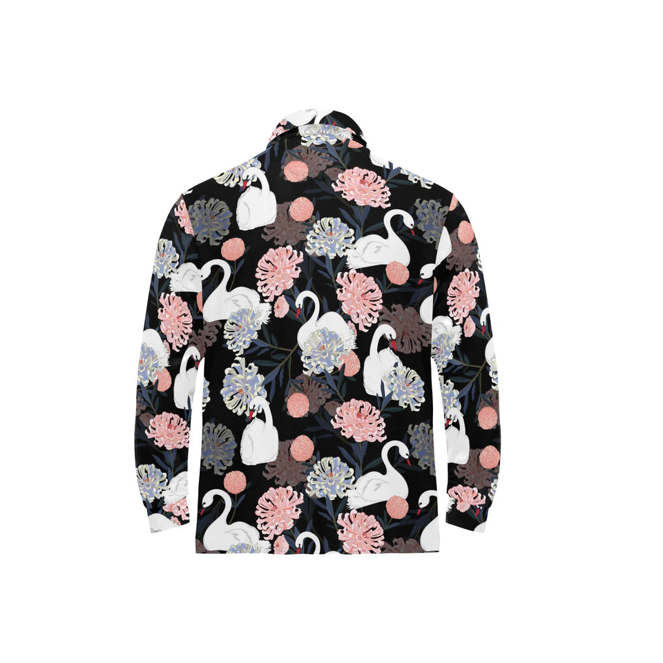 white swan blooming flower pattern Men's Long Sleeve Polo Shirt