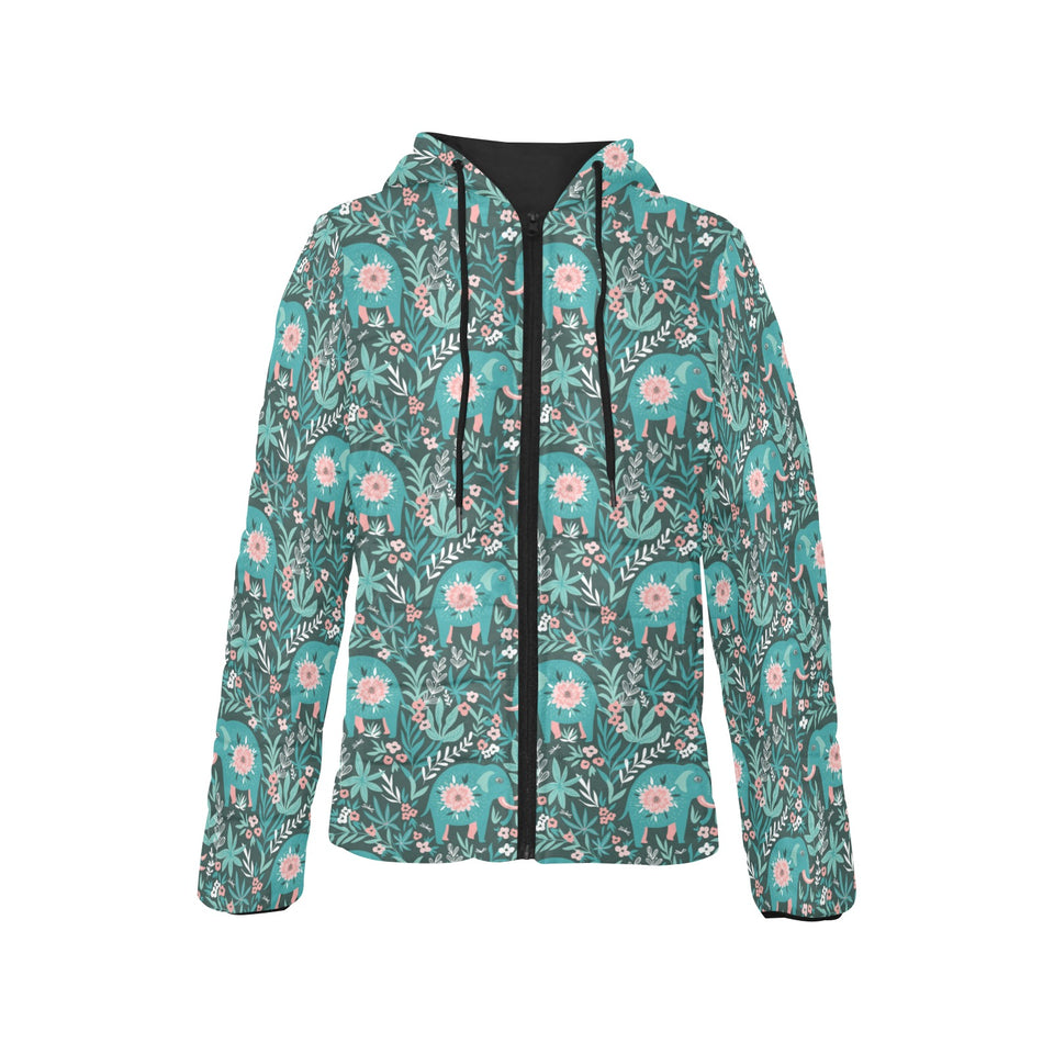 Elephants jungle pattern Women's Padded Hooded Jacket