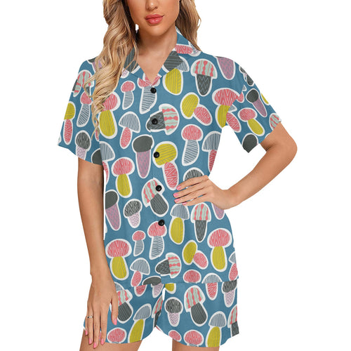 Colorful mushroom design pattern Women's V-Neck Short Pajama Set