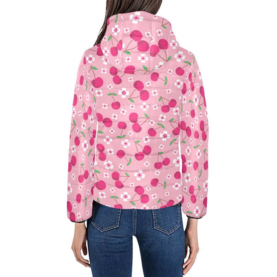 cherry flower pattern pink background Women's Padded Hooded Jacket