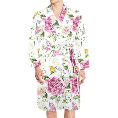 Hand drawn butterfly rose Men's Long Sleeve Belted Night Robe