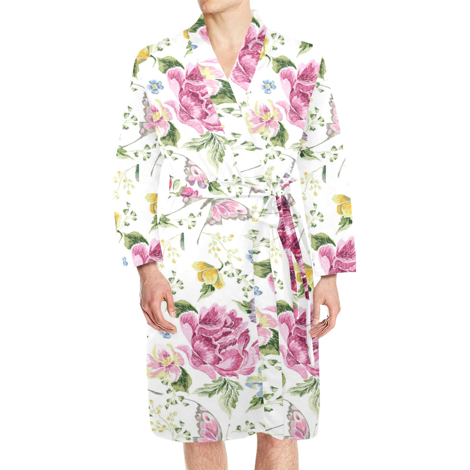 Hand drawn butterfly rose Men's Long Sleeve Belted Night Robe