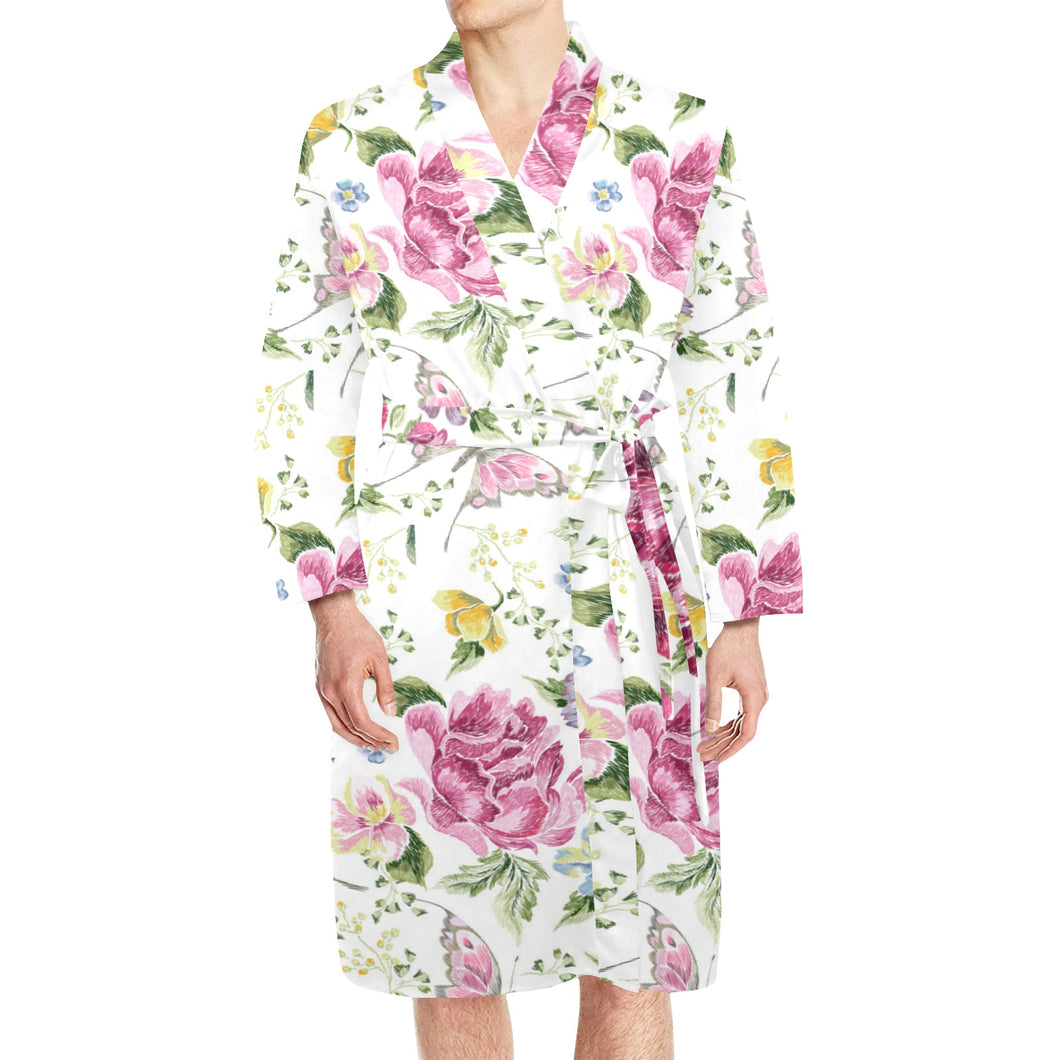 Hand drawn butterfly rose Men's Long Sleeve Belted Night Robe