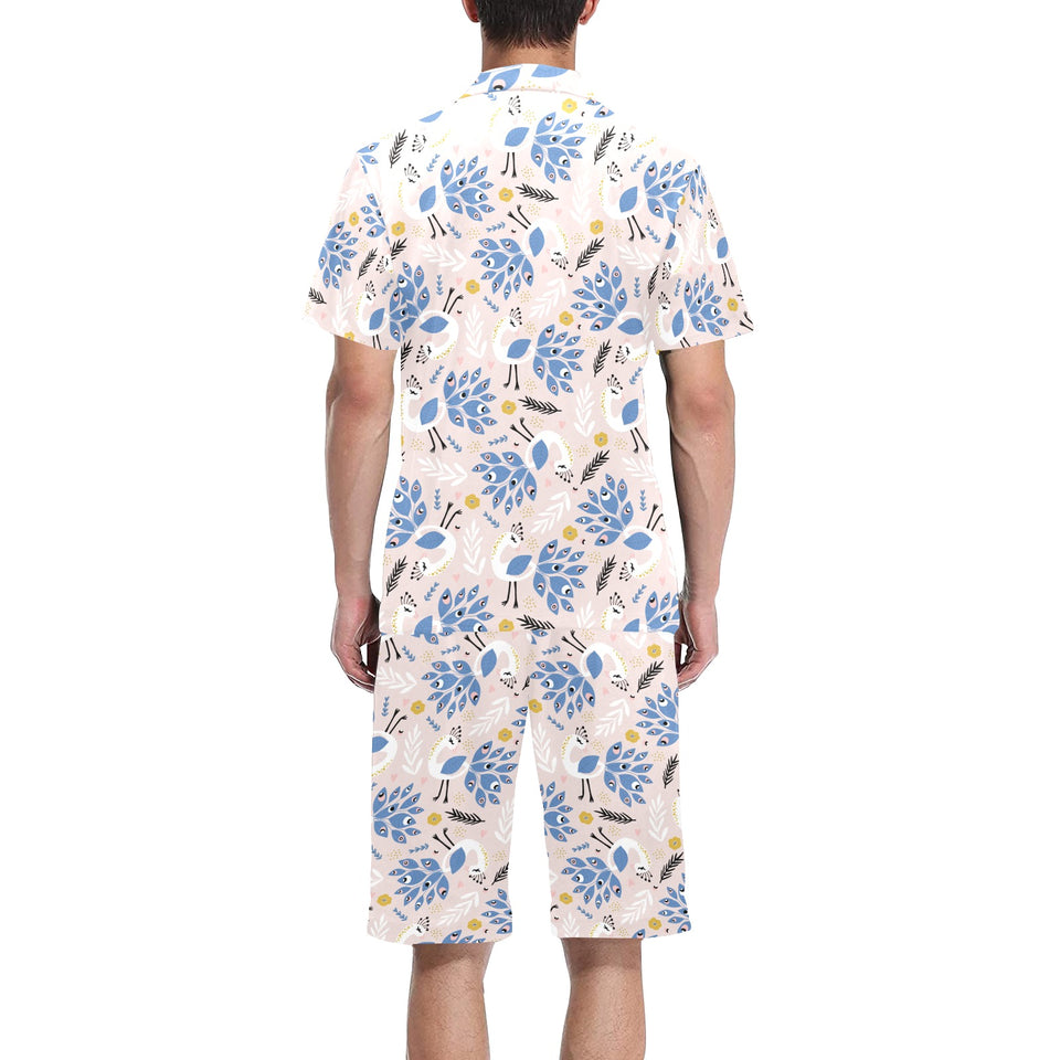 Cute peacock pattern Men's V-Neck Short Pajama Set