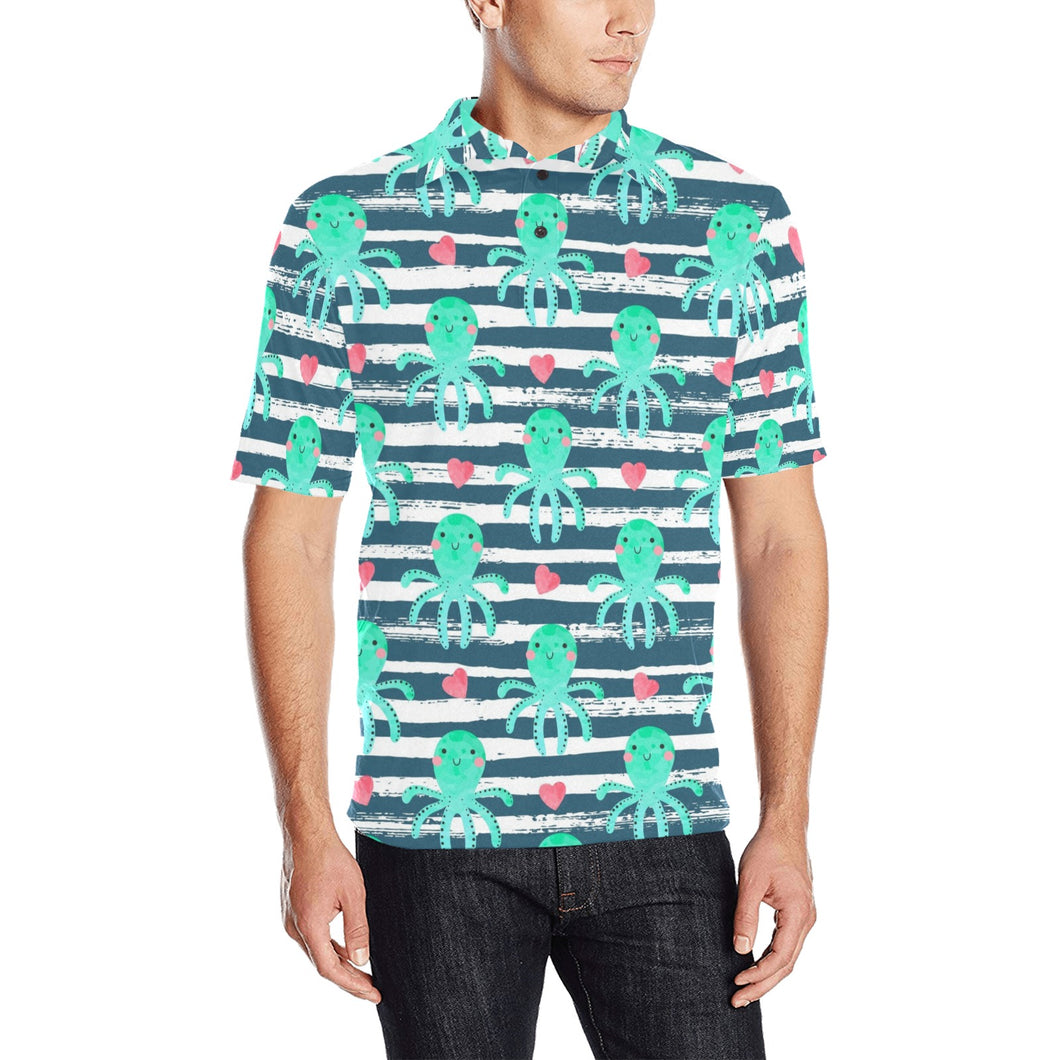 Cute octopuses heart striped background Men's All Over Print Polo Shirt