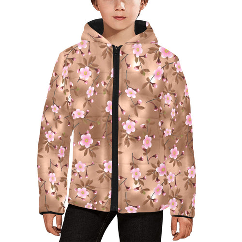 Pink sakura cherry blossom drak brown background Kids' Boys' Girls' Padded Hooded Jacket