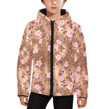 Pink sakura cherry blossom drak brown background Kids' Boys' Girls' Padded Hooded Jacket