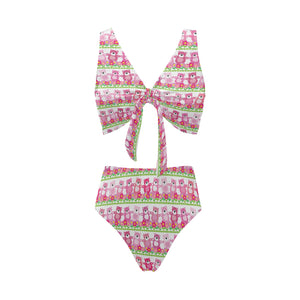 Teddy Bear Pattern Print Design 04 Chest Bowknot High Waisted Bikini Swimsuit