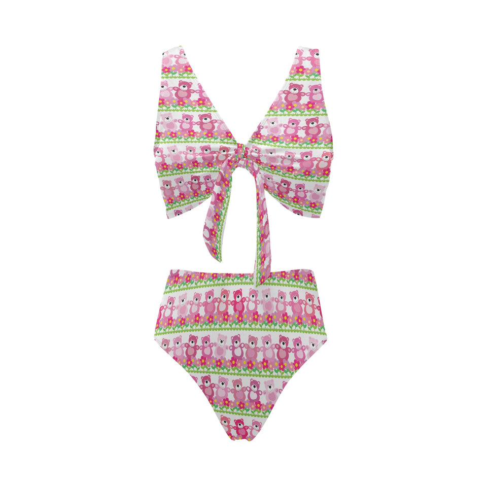 Teddy Bear Pattern Print Design 04 Chest Bowknot High Waisted Bikini Swimsuit