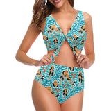 Cute sea otters fishe sea urchin pattern Chest Bowknot High Waisted Bikini Swimsuit