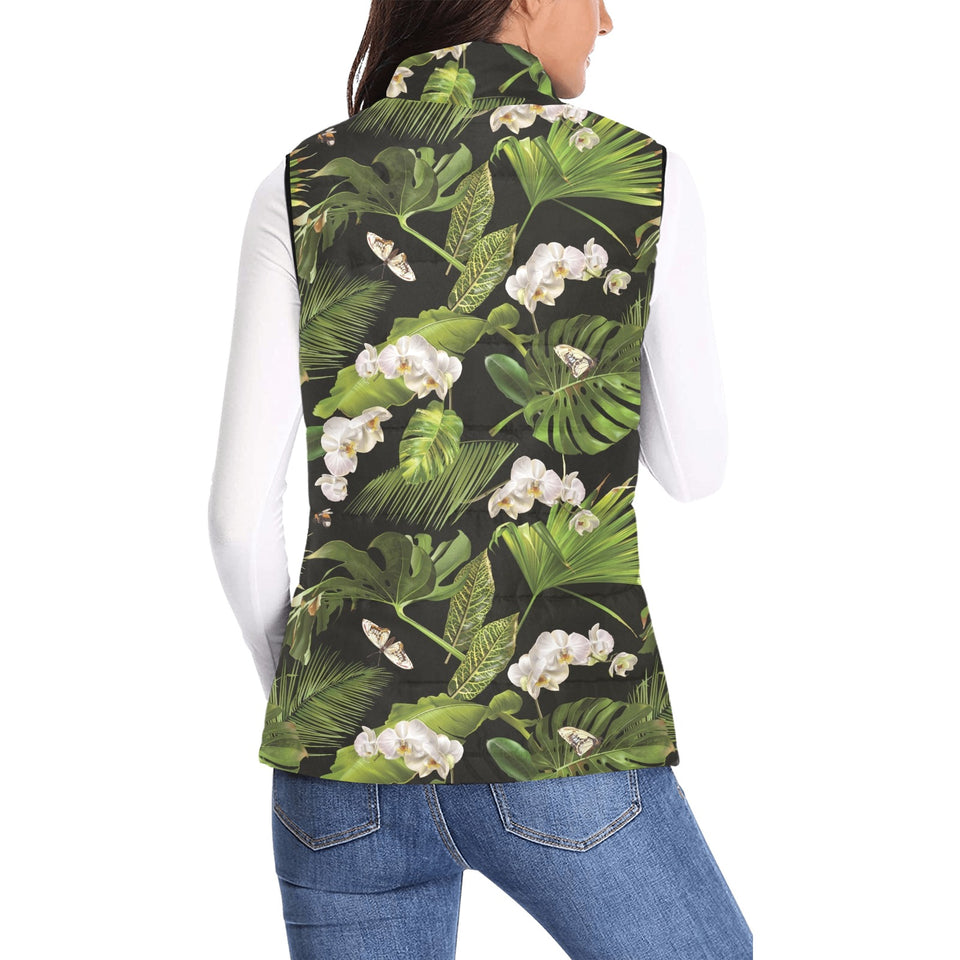 White orchid flower tropical leaves pattern blackg Women's Padded Vest