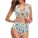 Math Pattern Print Design 05 Chest Bowknot High Waisted Bikini Swimsuit
