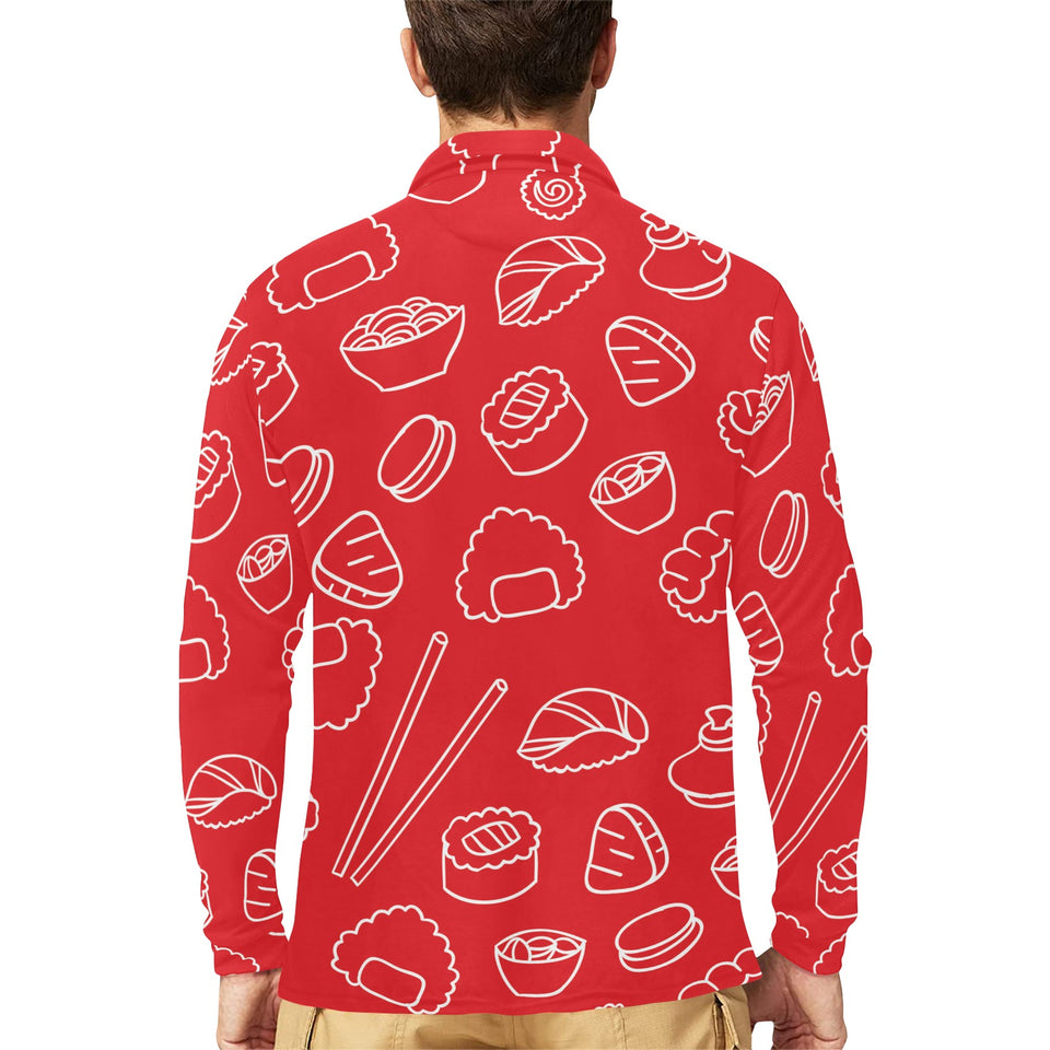 sushi pattern red background Men's Long Sleeve Polo Shirt