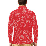 sushi pattern red background Men's Long Sleeve Polo Shirt