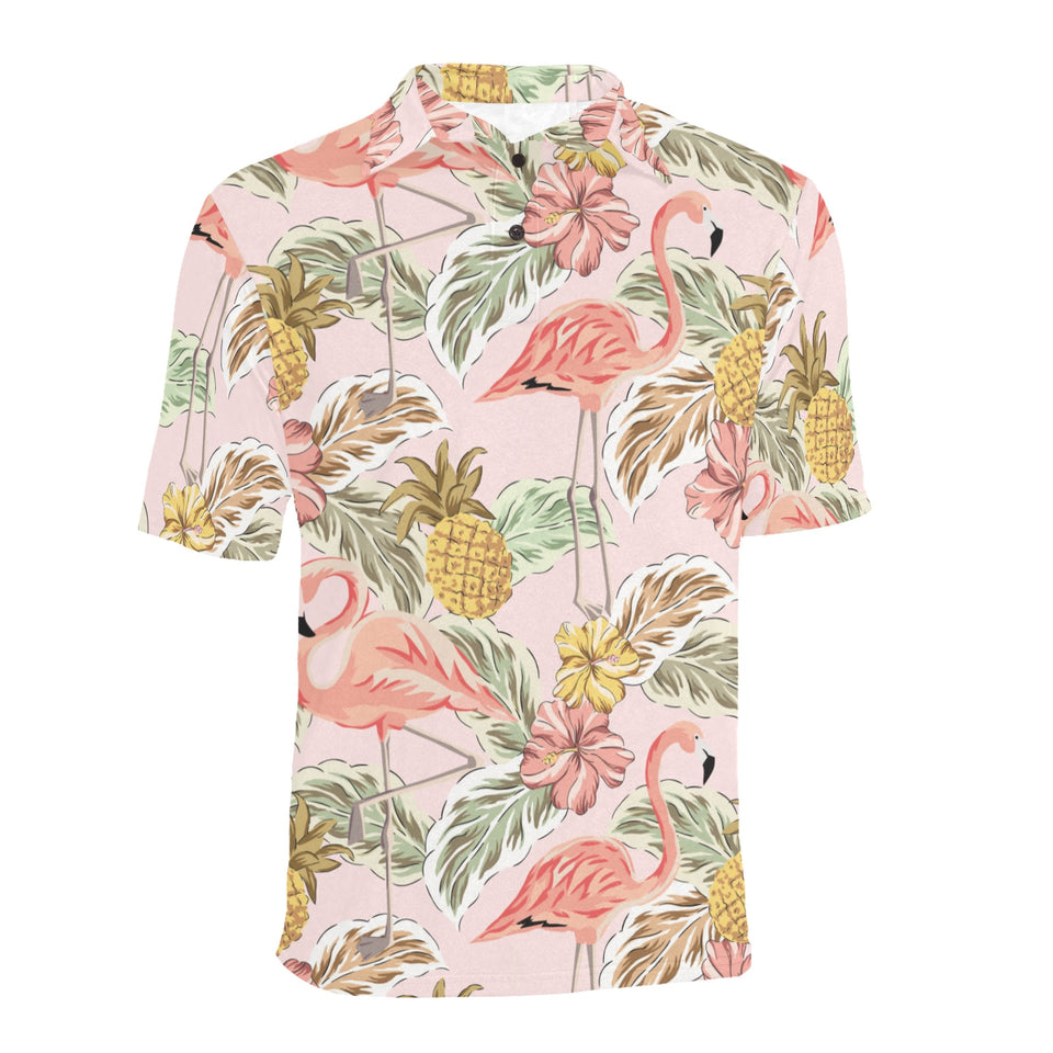 Pink flamingo birds pineapples hibiscus flower pat Men's All Over Print Polo Shirt