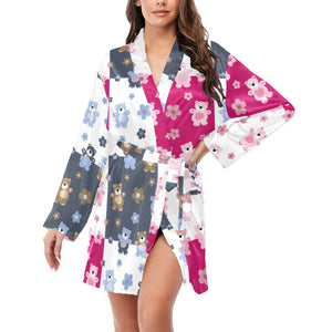 Teddy Bear Pattern Print Design 03 Women's Long Sleeve Belted Night Robe