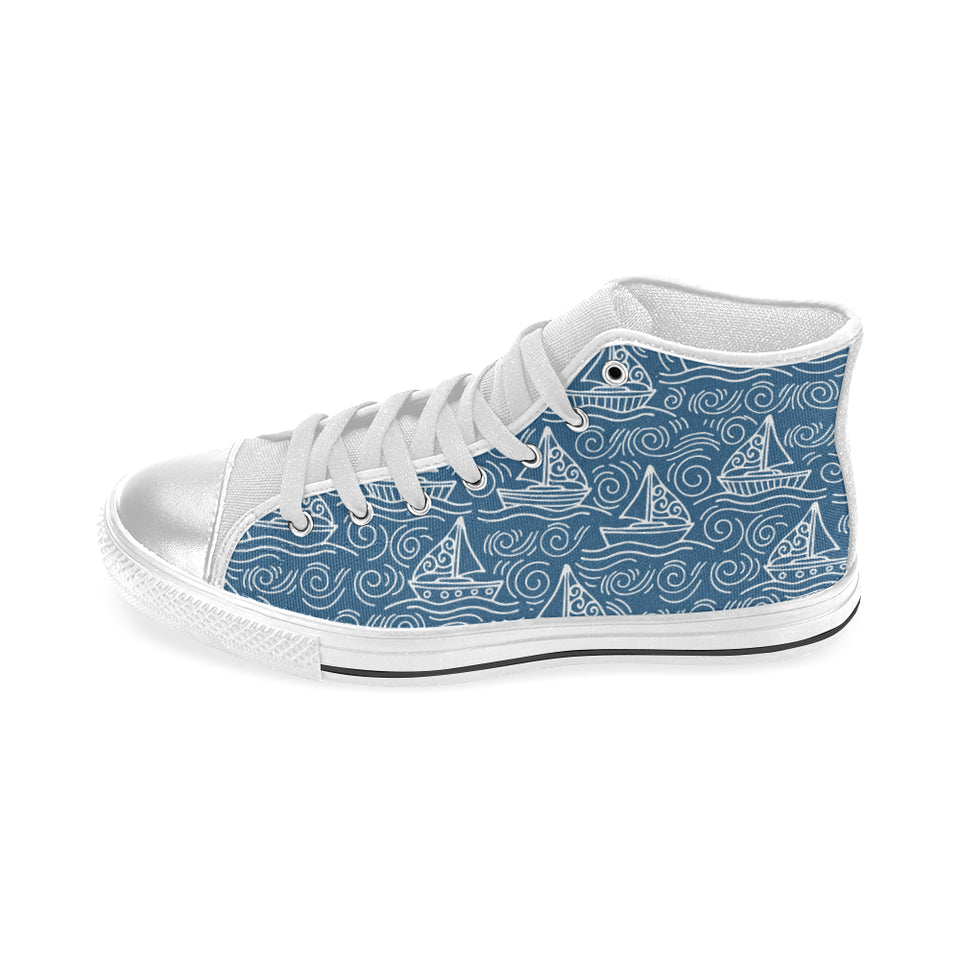 Hand drawn sailboat pattern Women's High Top Canvas Shoes White