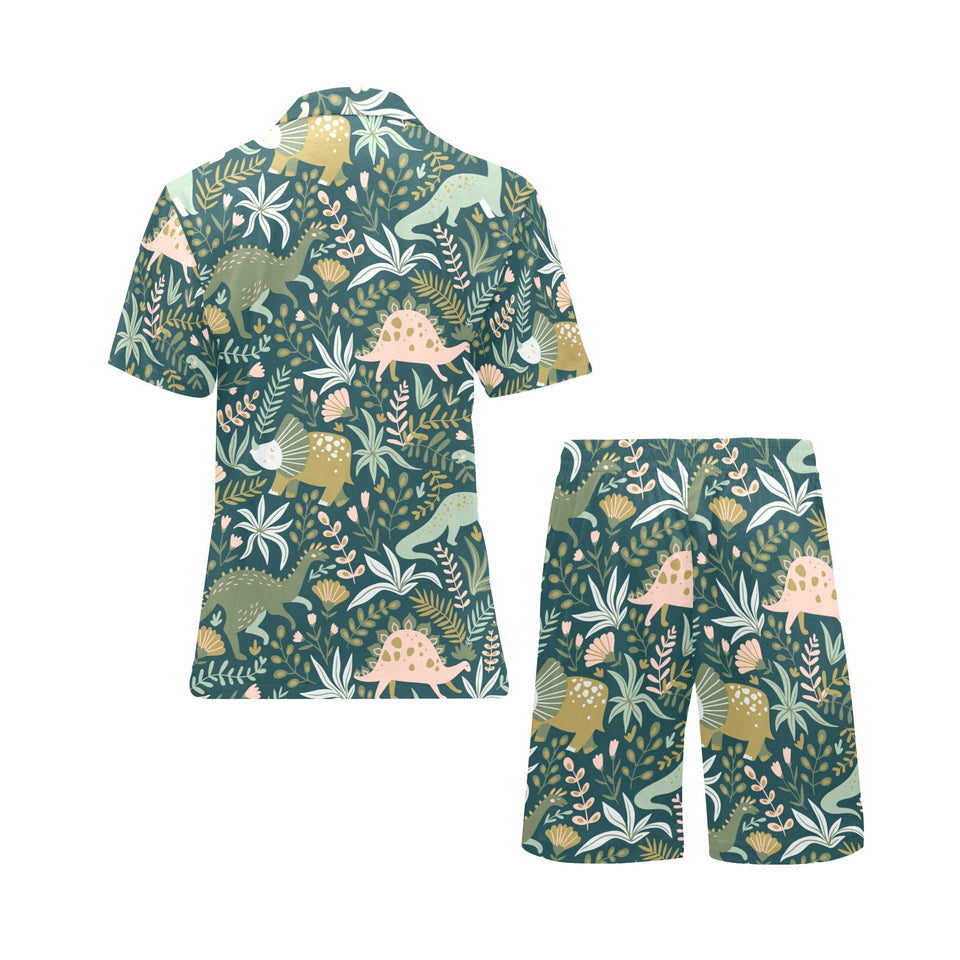 dinosaurs tropical leaves flower pattern Men's V-Neck Short Pajama Set