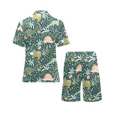 dinosaurs tropical leaves flower pattern Men's V-Neck Short Pajama Set