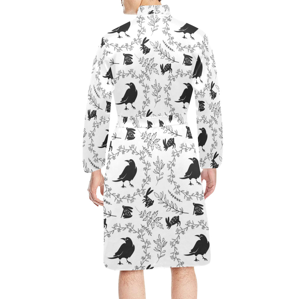 Crows floral wreath rabbit pattern Men's Long Sleeve Belted Night Robe