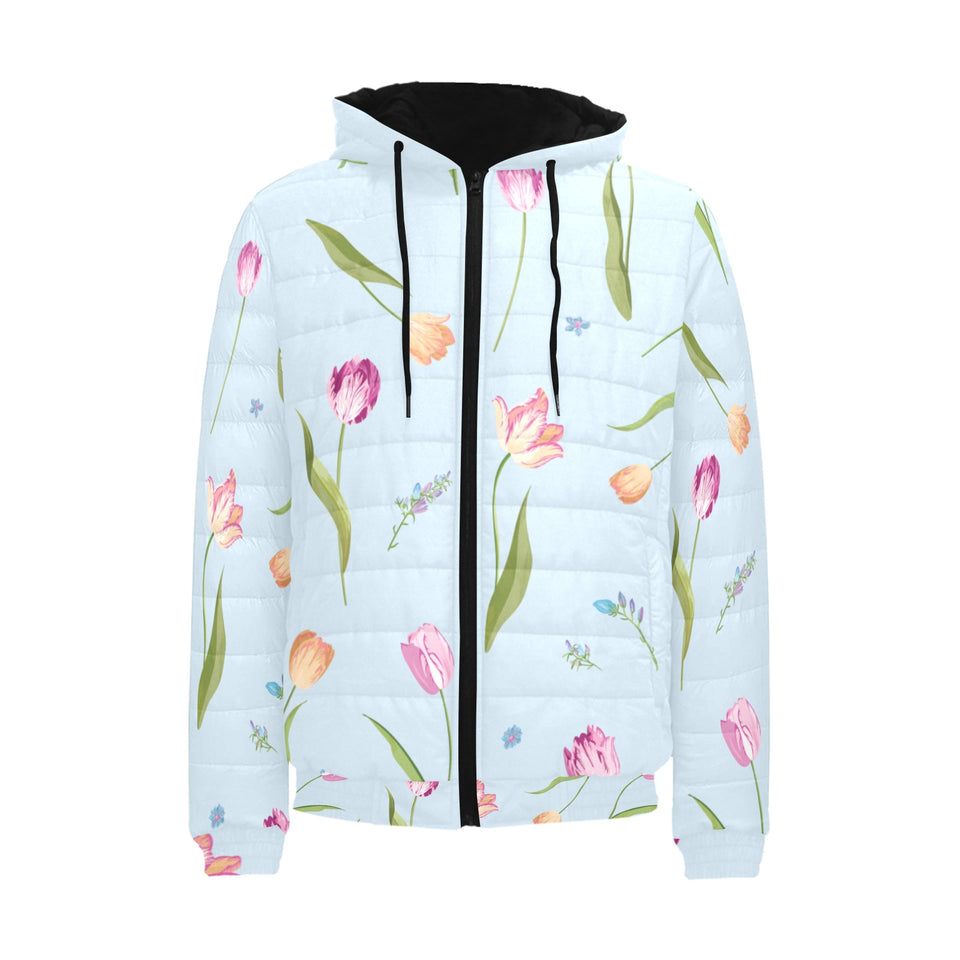 Watercolor Tulips pattern Men's Padded Hooded Jacket
