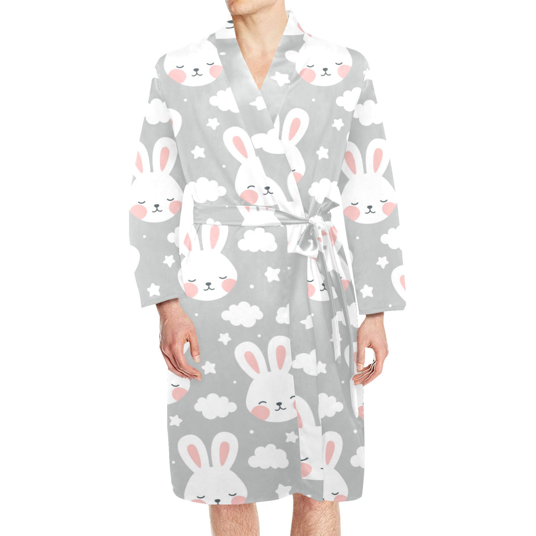 Rabbit cloud Pattern Men's Long Sleeve Belted Night Robe