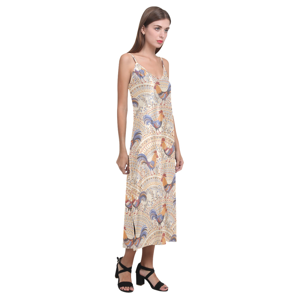 Cute rooster chicken cock floral ornament backgrou V-Neck Open Fork Long Dress