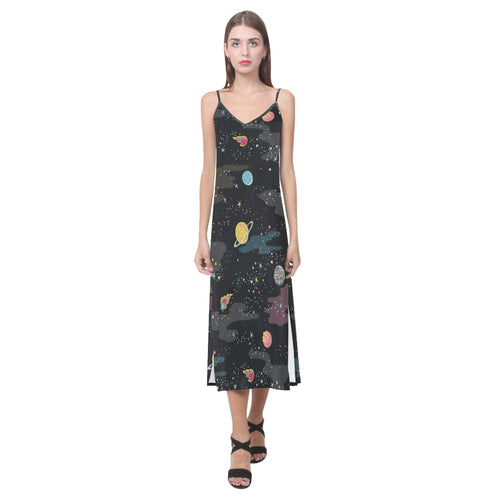 space pattern V-Neck Open Fork Long Dress