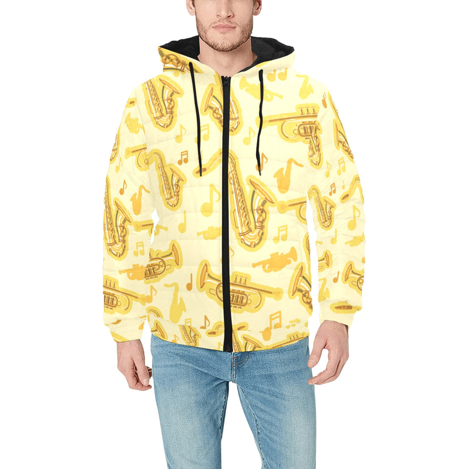Saxophone cornet pattern yellow background Men's Padded Hooded Jacket