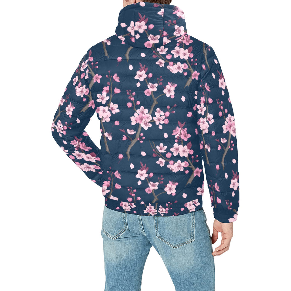 Pink sakura cherry blossom blue background Men's Padded Hooded Jacket