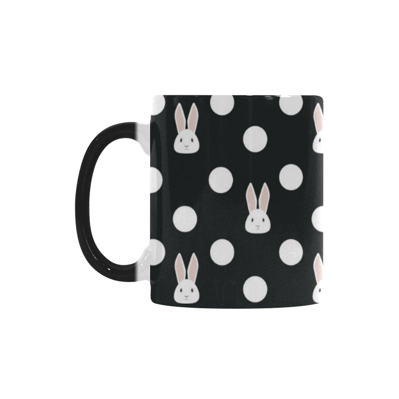 Cute white rabbit polka dots black background Morphing Mug Heat Changing Mug