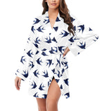 Swallow Pattern Print Design 03 Women's Long Sleeve Belted Night Robe