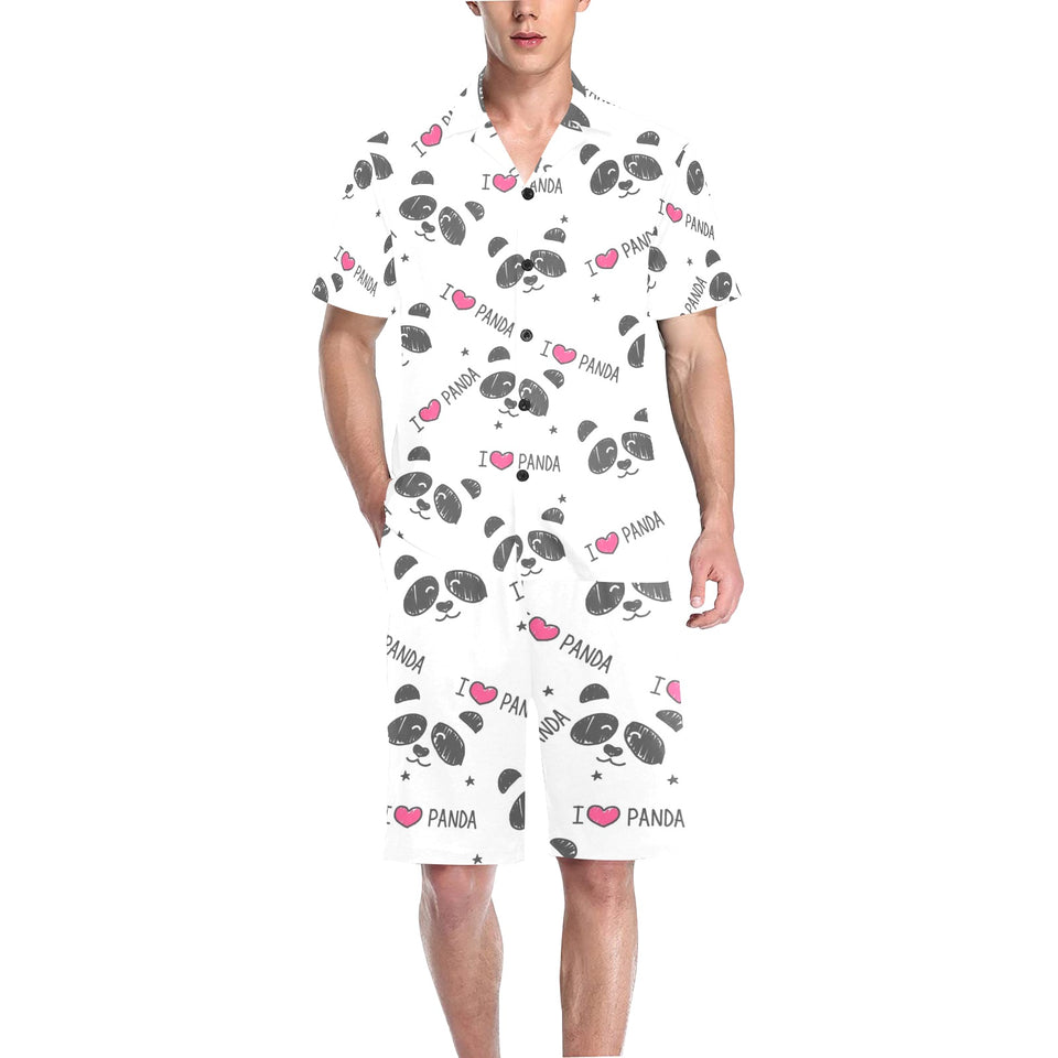 Hand Drawn faces of pandas pattern Men's V-Neck Short Pajama Set
