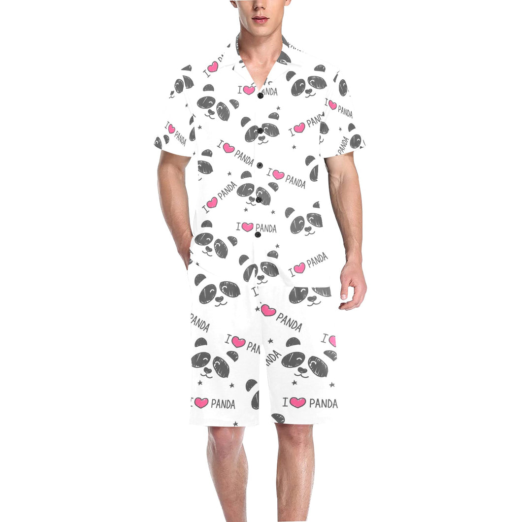 Hand Drawn faces of pandas pattern Men's V-Neck Short Pajama Set