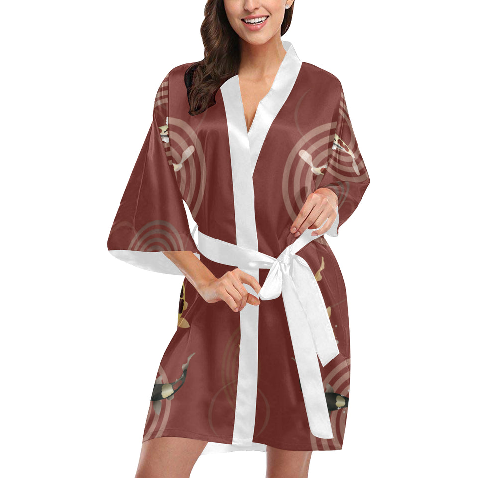 Fancy Carp red background Women's Short Kimono Robe