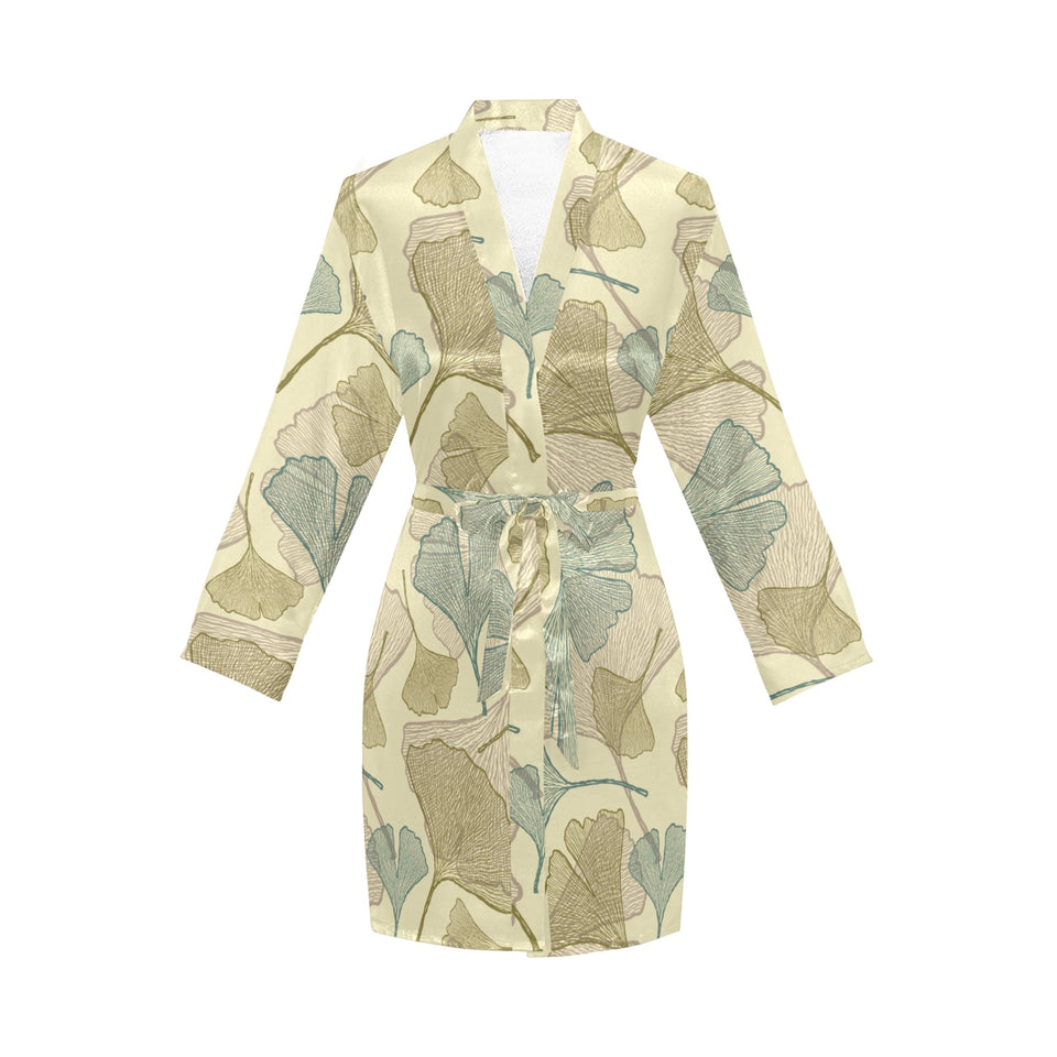 Ginkgo leaves design pattern Women's Long Sleeve Belted Night Robe
