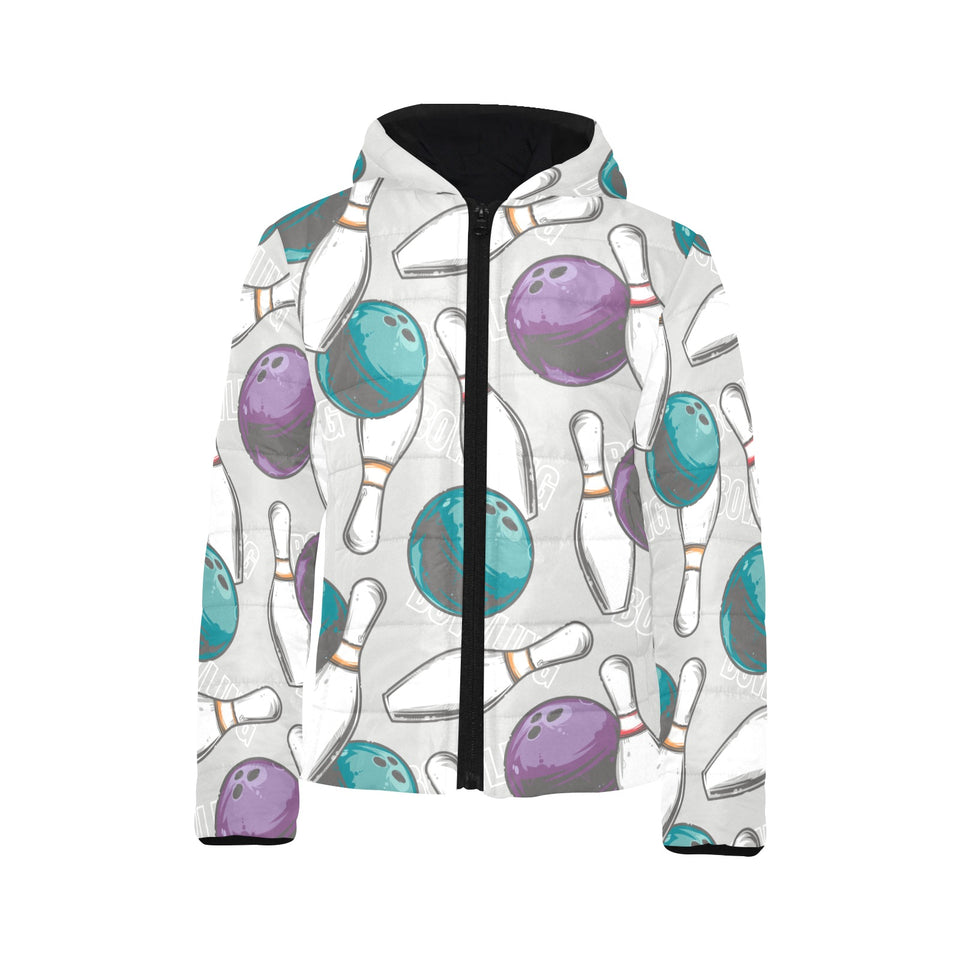Bowling ball and pin gray background Kids' Boys' Girls' Padded Hooded Jacket