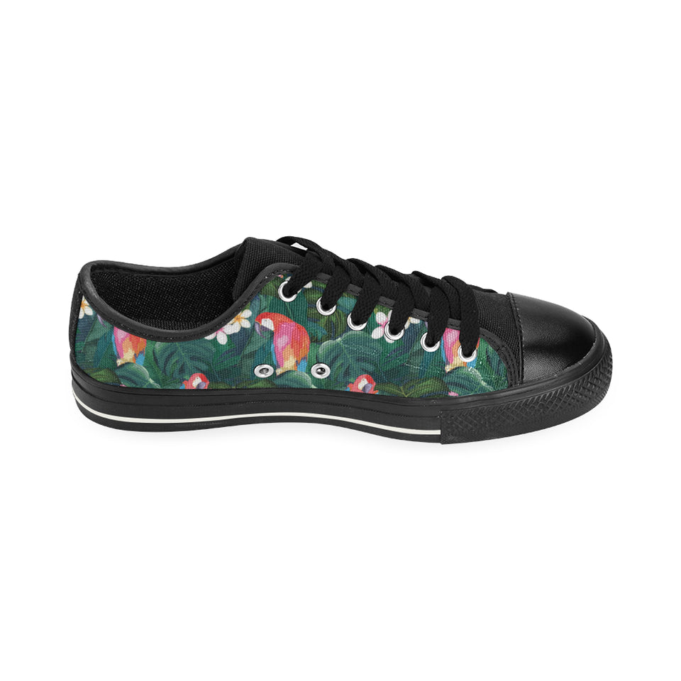 Parrot Palm tree leaves flower hibiscus pattern Men's Low Top Canvas Shoes Black