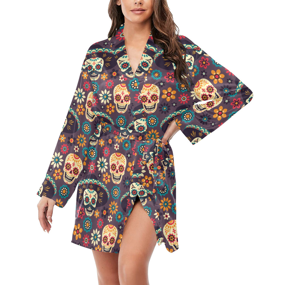 Sugar skulls flower maxican pattern Women's Long Sleeve Belted Night Robe