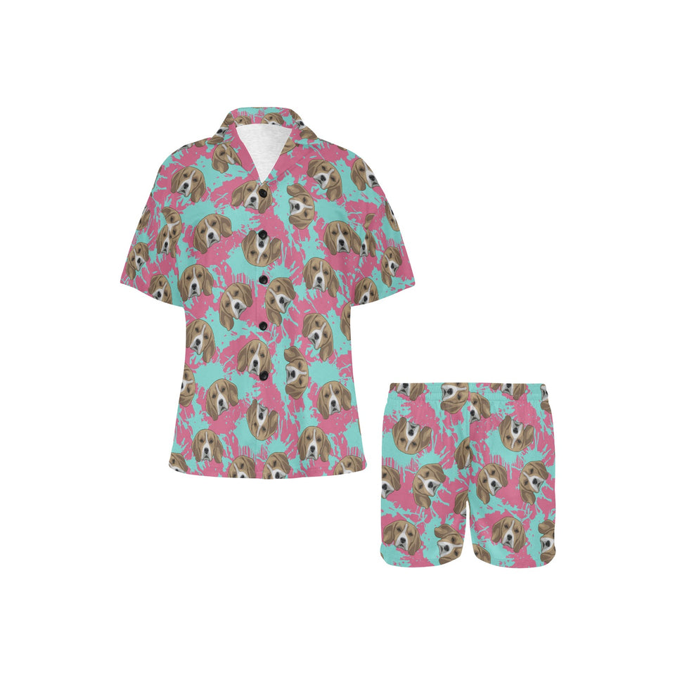 Beagle muzzles turquoise paint splashes pink patte Women's V-Neck Short Pajama Set