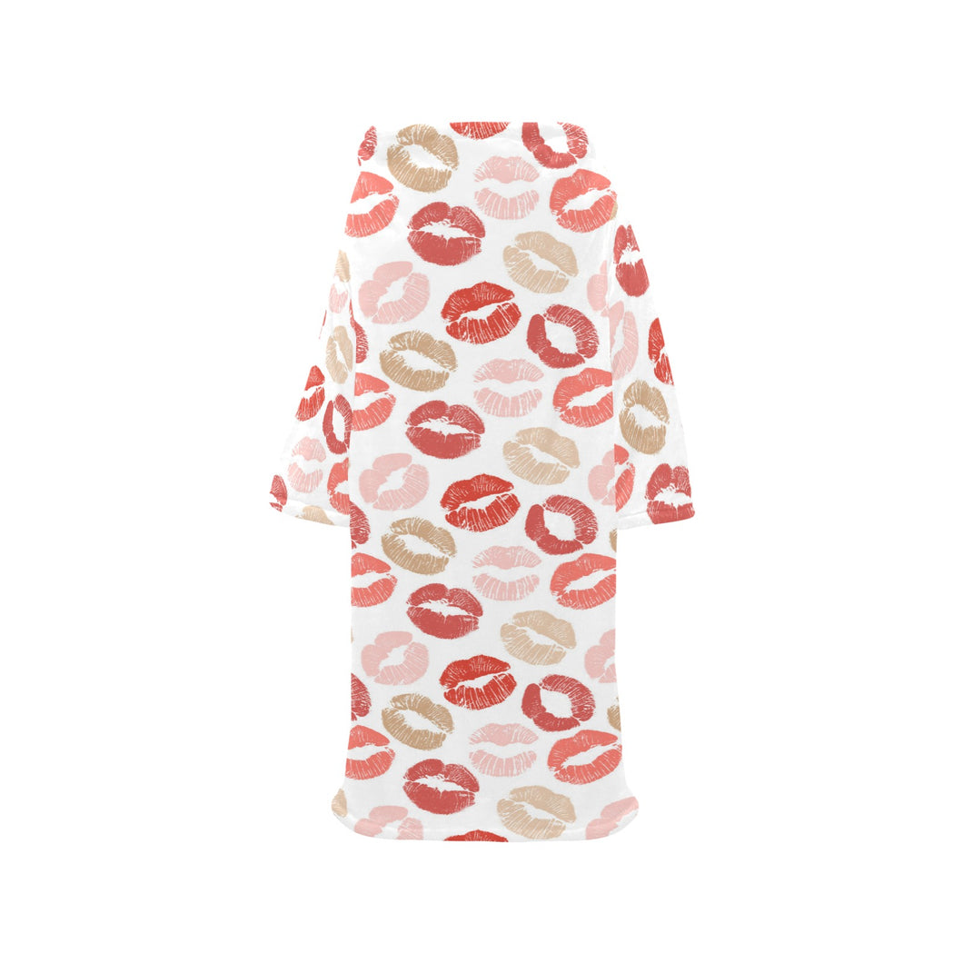 Lips Pattern Print Design 04 Blanket Robe with Sleeves