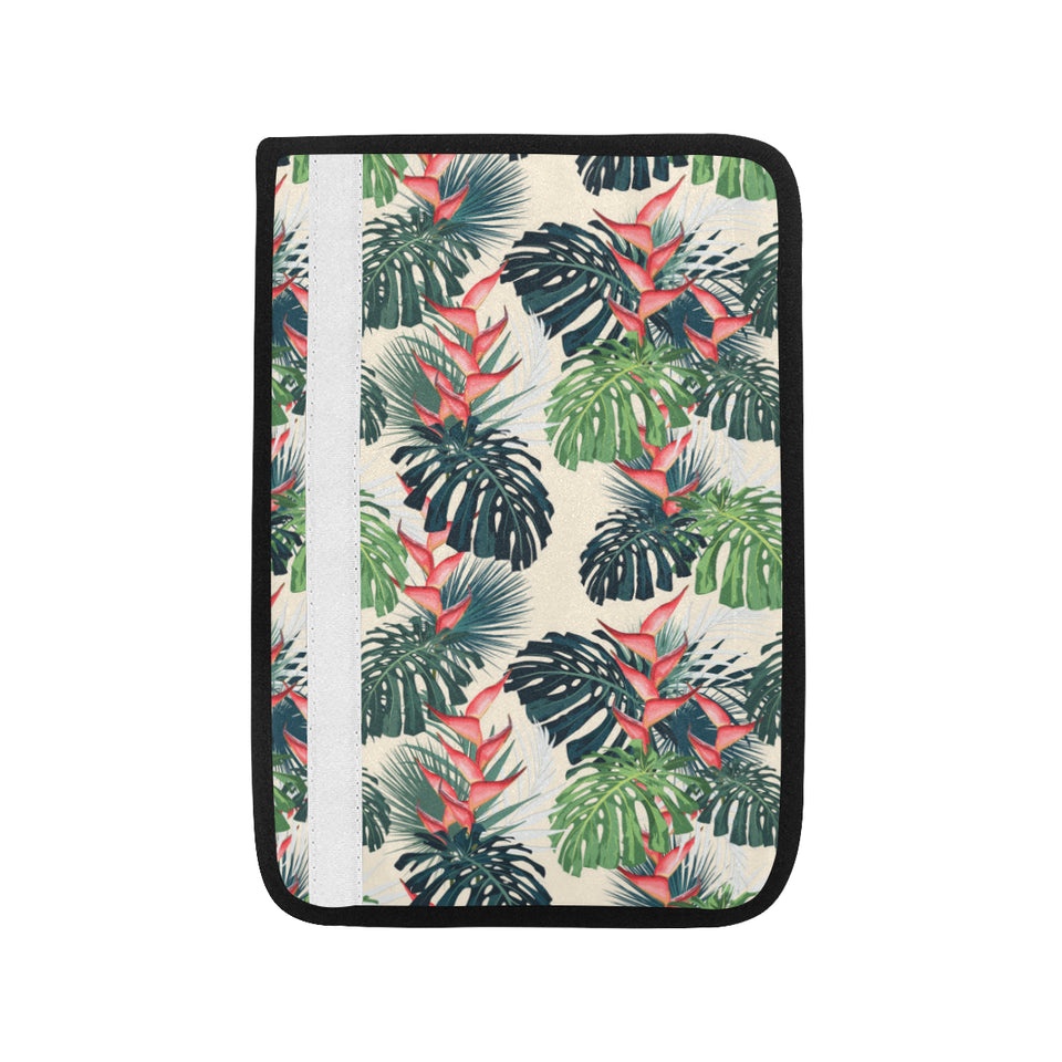 heliconia flowers, palm and monstera leaves Car Seat Belt Cover