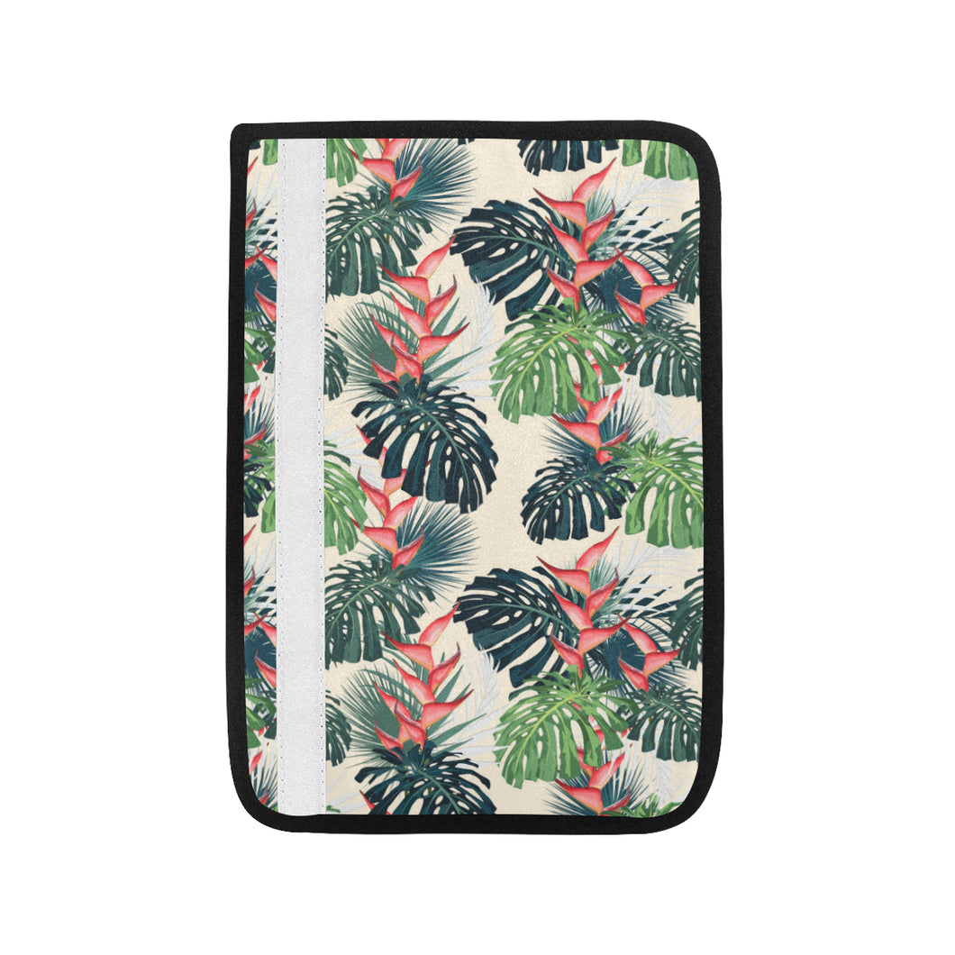 heliconia flowers, palm and monstera leaves Car Seat Belt Cover