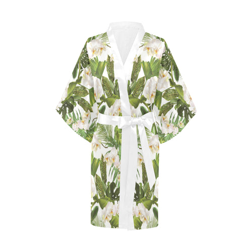 White orchid flower tropical leaves pattern Women's Short Kimono Robe