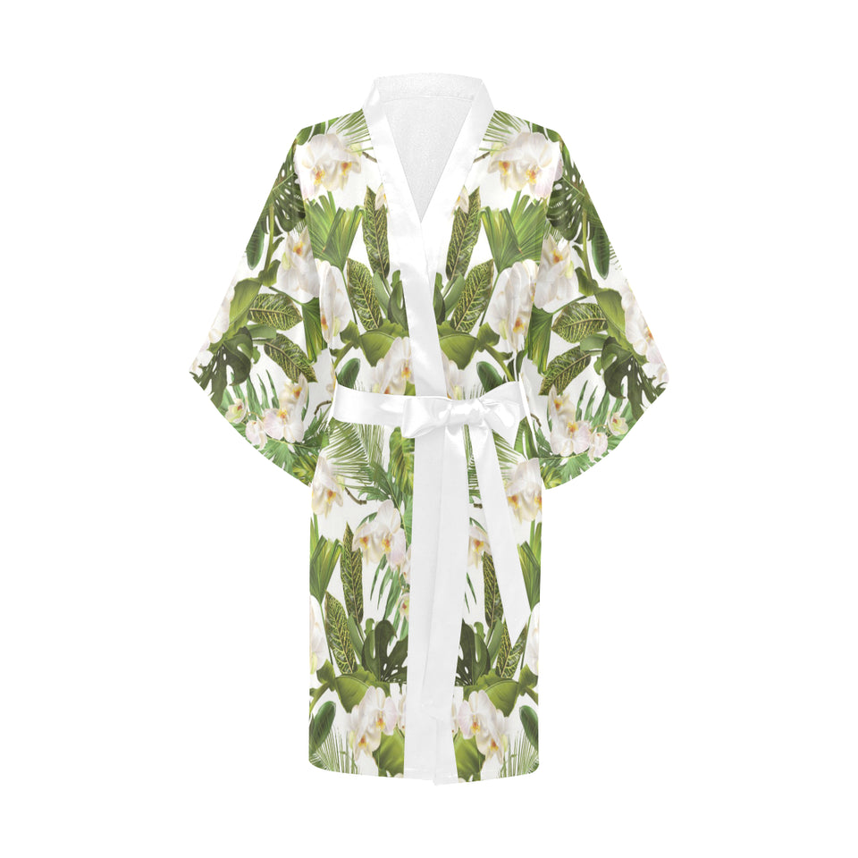White orchid flower tropical leaves pattern Women's Short Kimono Robe