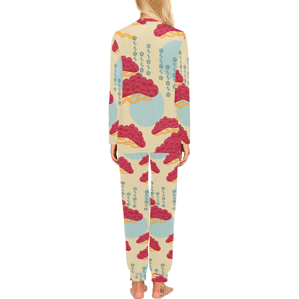 Red Bonsai gray sun japanese pattern Women's All Over Print Pajama Set