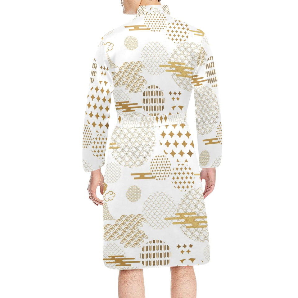 Beautiful gold japanese pattern Men's Long Sleeve Belted Night Robe