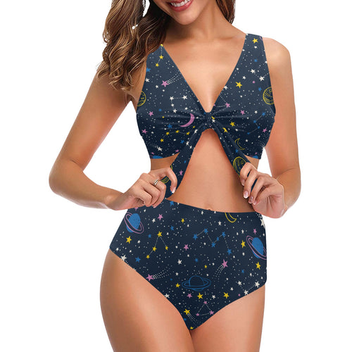 space pattern with planets, comets, constellations Chest Bowknot High Waisted Bikini Swimsuit