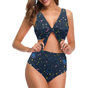 space pattern with planets, comets, constellations Chest Bowknot High Waisted Bikini Swimsuit